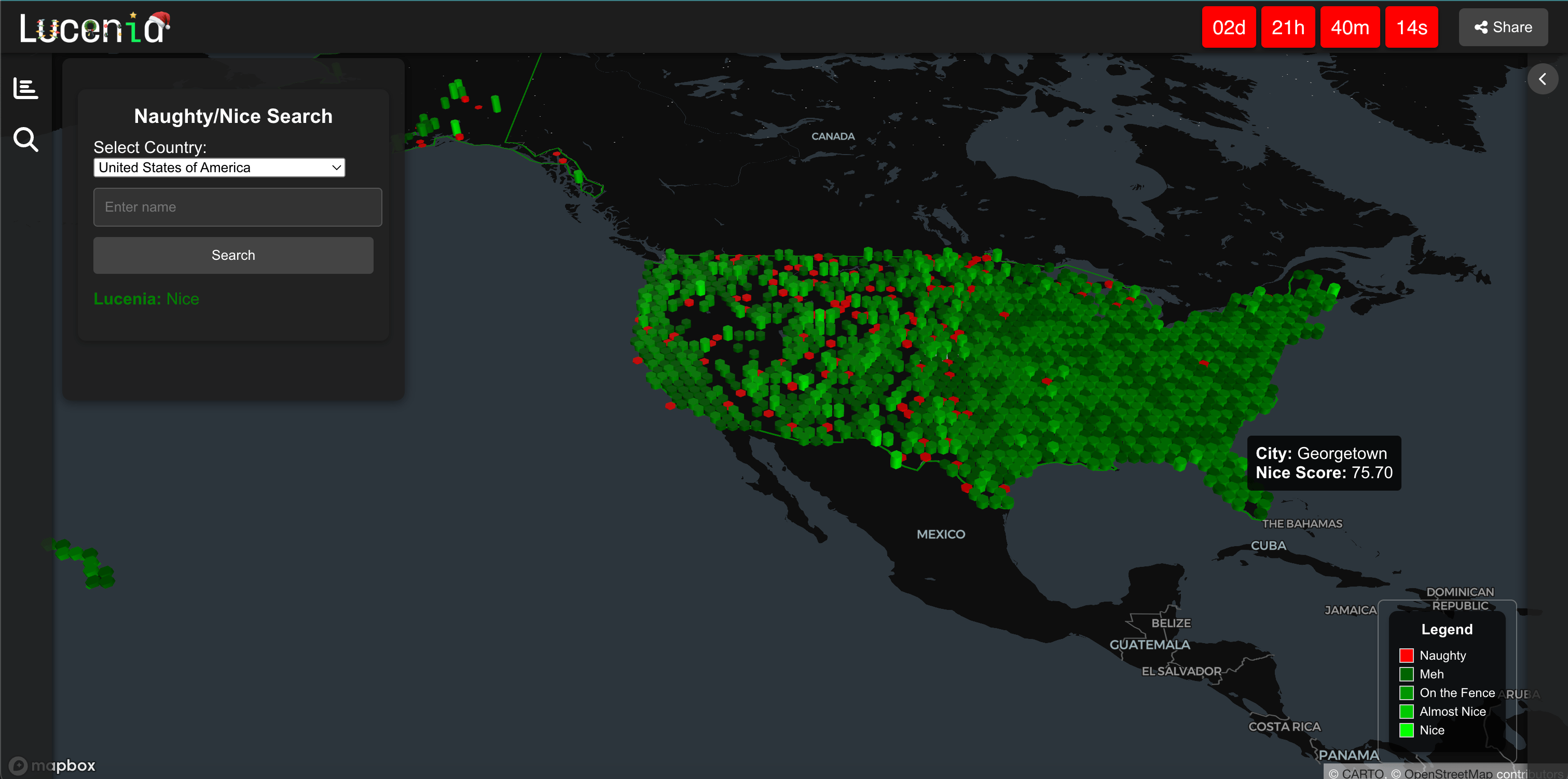 Naughty/Nice Cities Heat Map View: USA